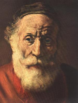 Detail van portret van zittende oude man (Rembrandt)