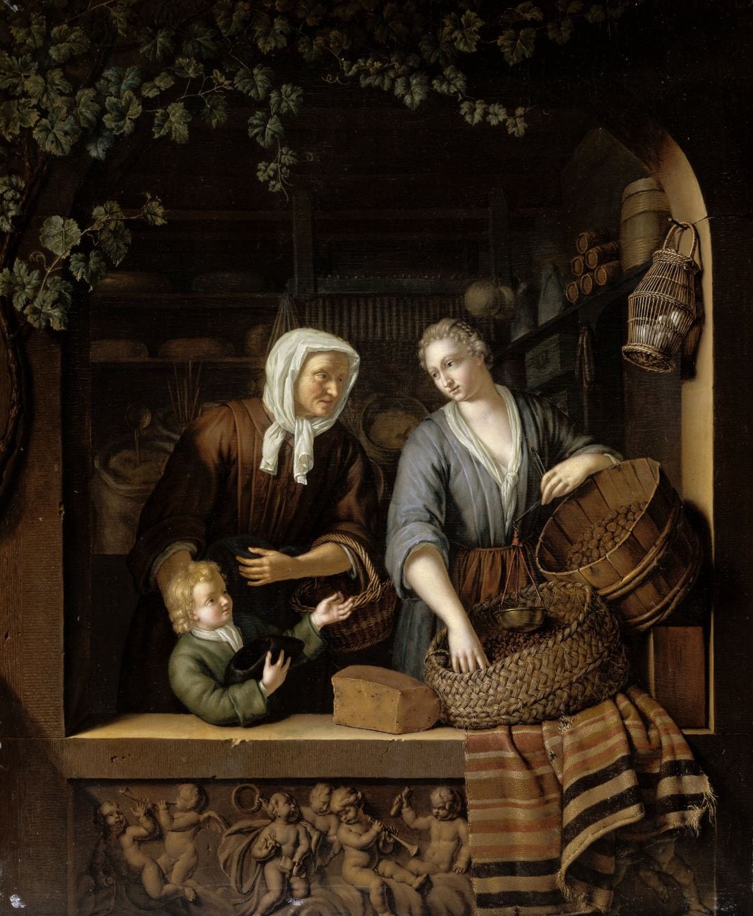 Het volledige schilderij De Kruidenierster van Frans van Mieris