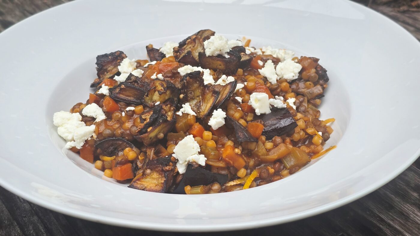 aubergine linzen orzo