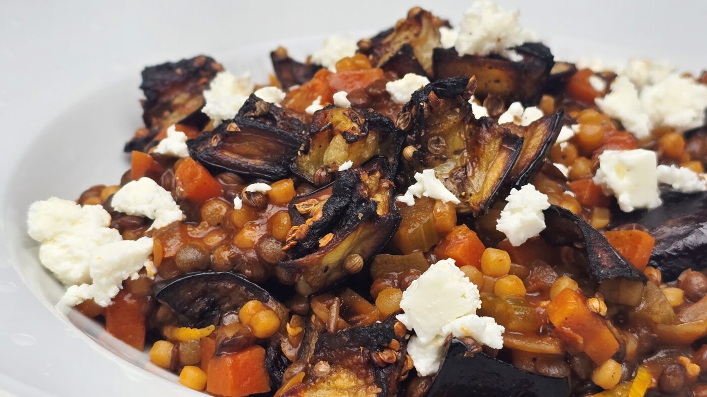aubergine linzen orzo
